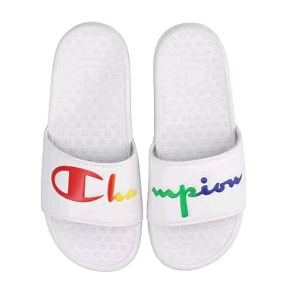 NEW Women's Champion Rainbow Logo Super Split Script Slides White Size 9 - Picture 1 of 2